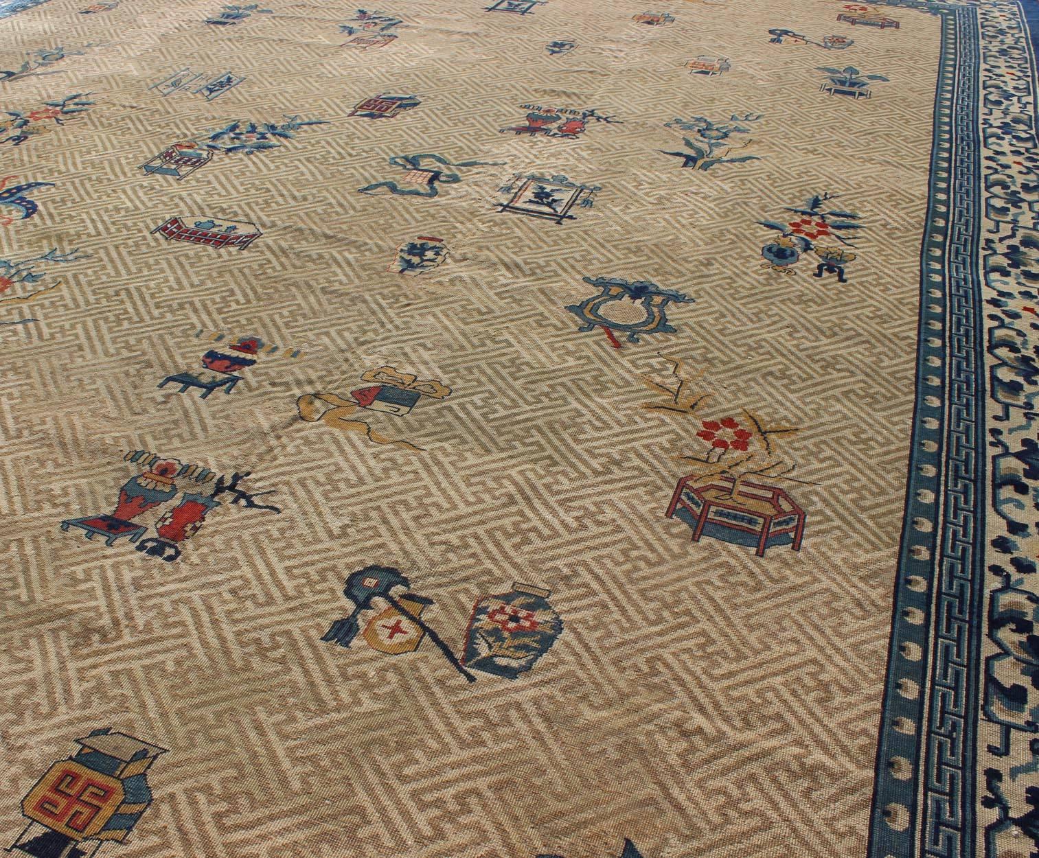Hand-Knotted Large Antique Chinese Carpet in Ivory/Taupe Background and Blue Border For Sale