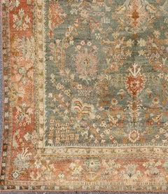 Wide & Large Antique Oushak Rug with Floral Design in Variegated Green and Teal