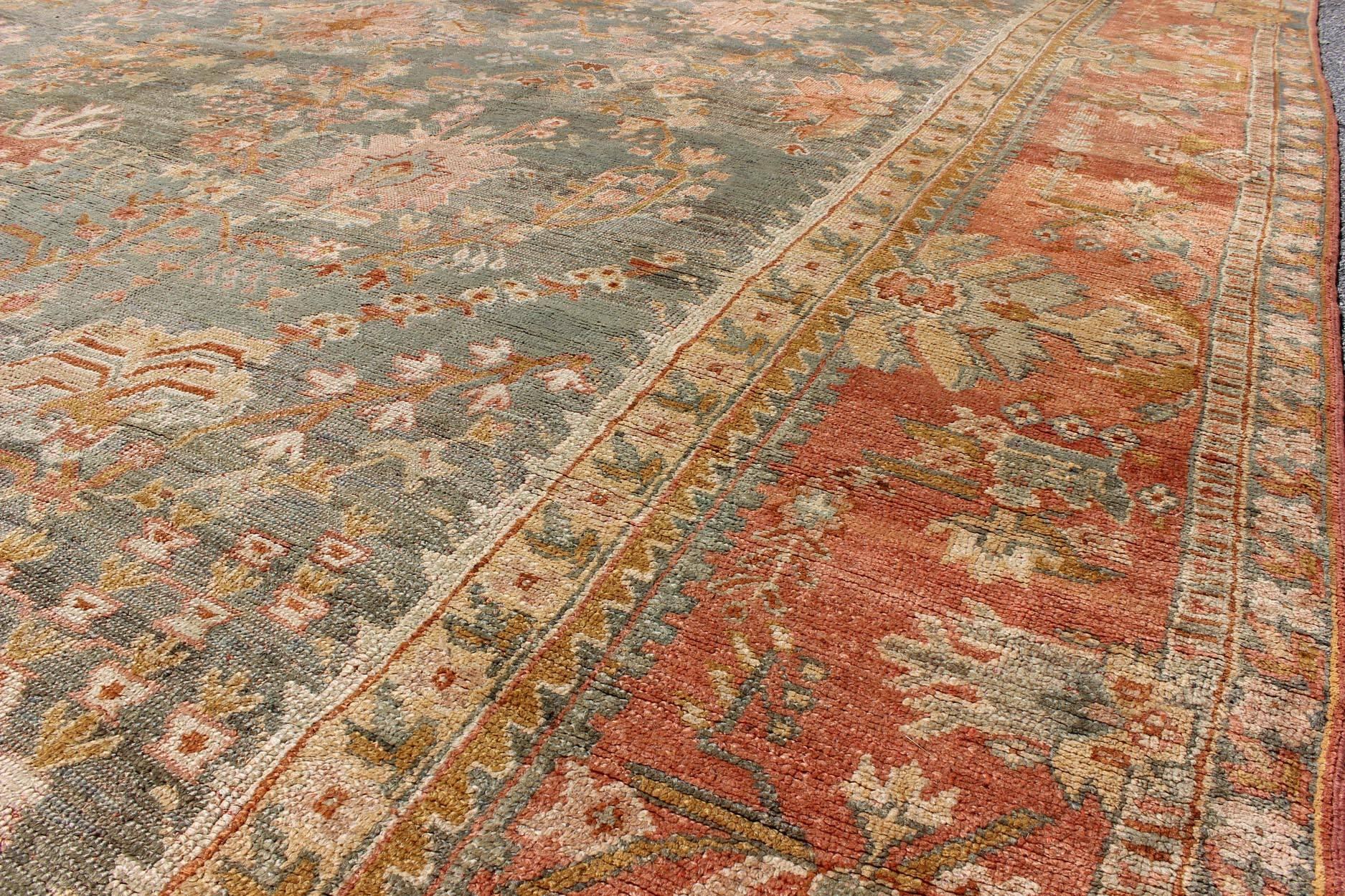 19th Century Wide & Large Antique Oushak Rug with Floral Design in Variegated Green and Teal For Sale