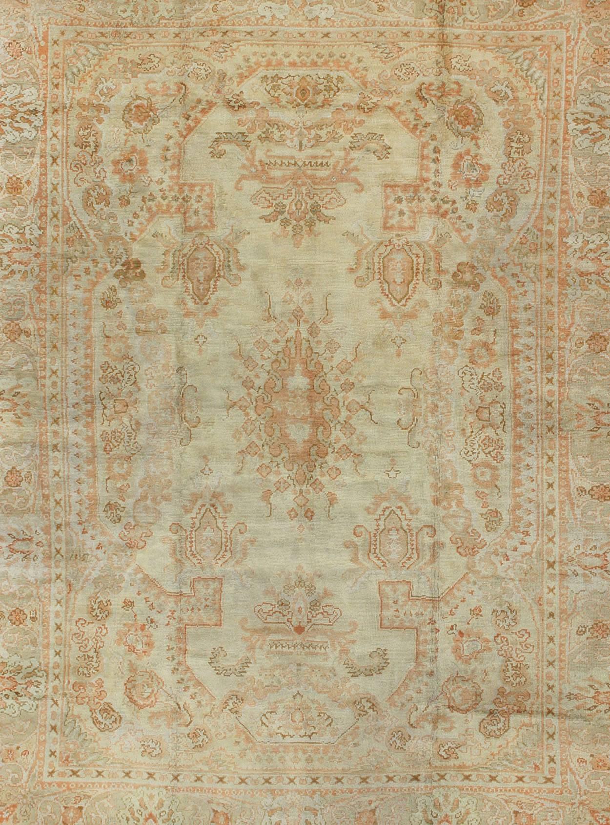 Turkish Large Antique Oushak Carpet in Ivory Background, Taupe, Gray , Green and Salmon