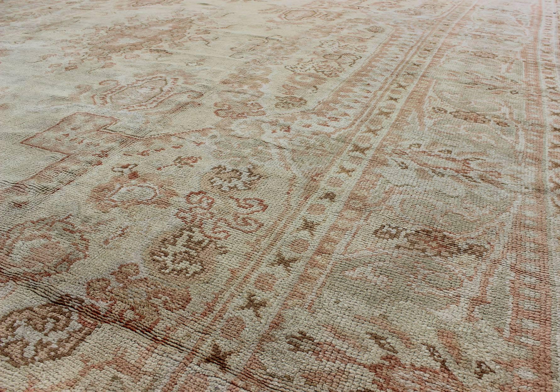 20th Century Large Antique Oushak Carpet in Ivory Background, Taupe, Gray , Green and Salmon