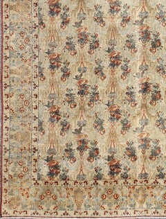 Antique Fine Tabriz Persian Carpet in Ivory Background in Florals & Bird Design