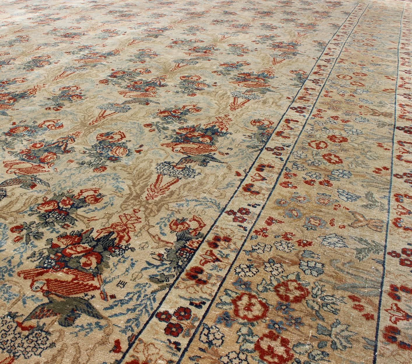 19th Century Antique Fine Tabriz Persian Carpet in Ivory Background in Florals & Bird Design For Sale