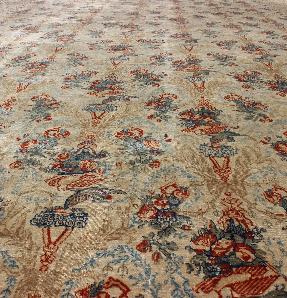 Wool Antique Fine Tabriz Persian Carpet in Ivory Background in Florals & Bird Design For Sale