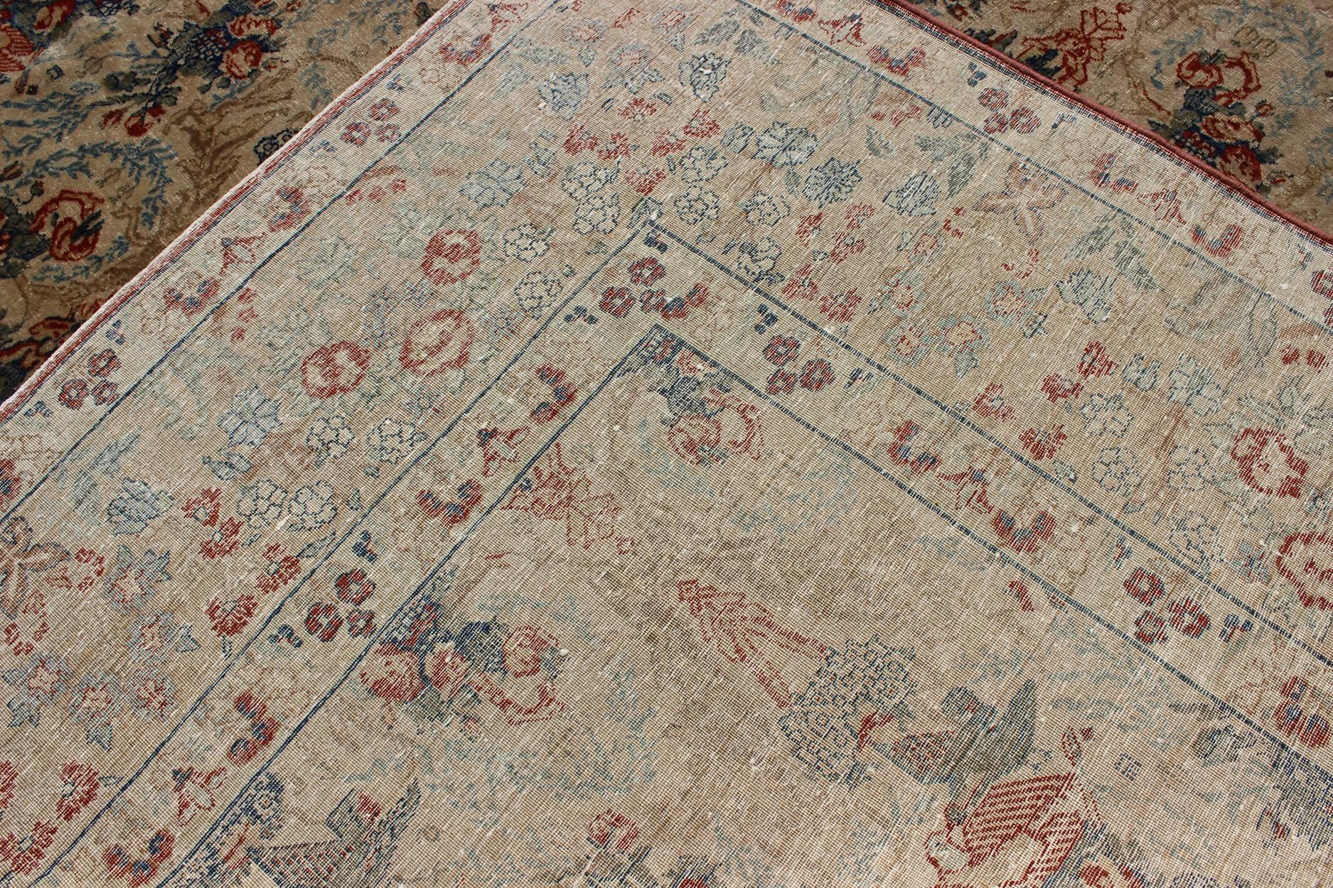 Antique Fine Tabriz Persian Carpet in Ivory Background in Florals & Bird Design For Sale 1