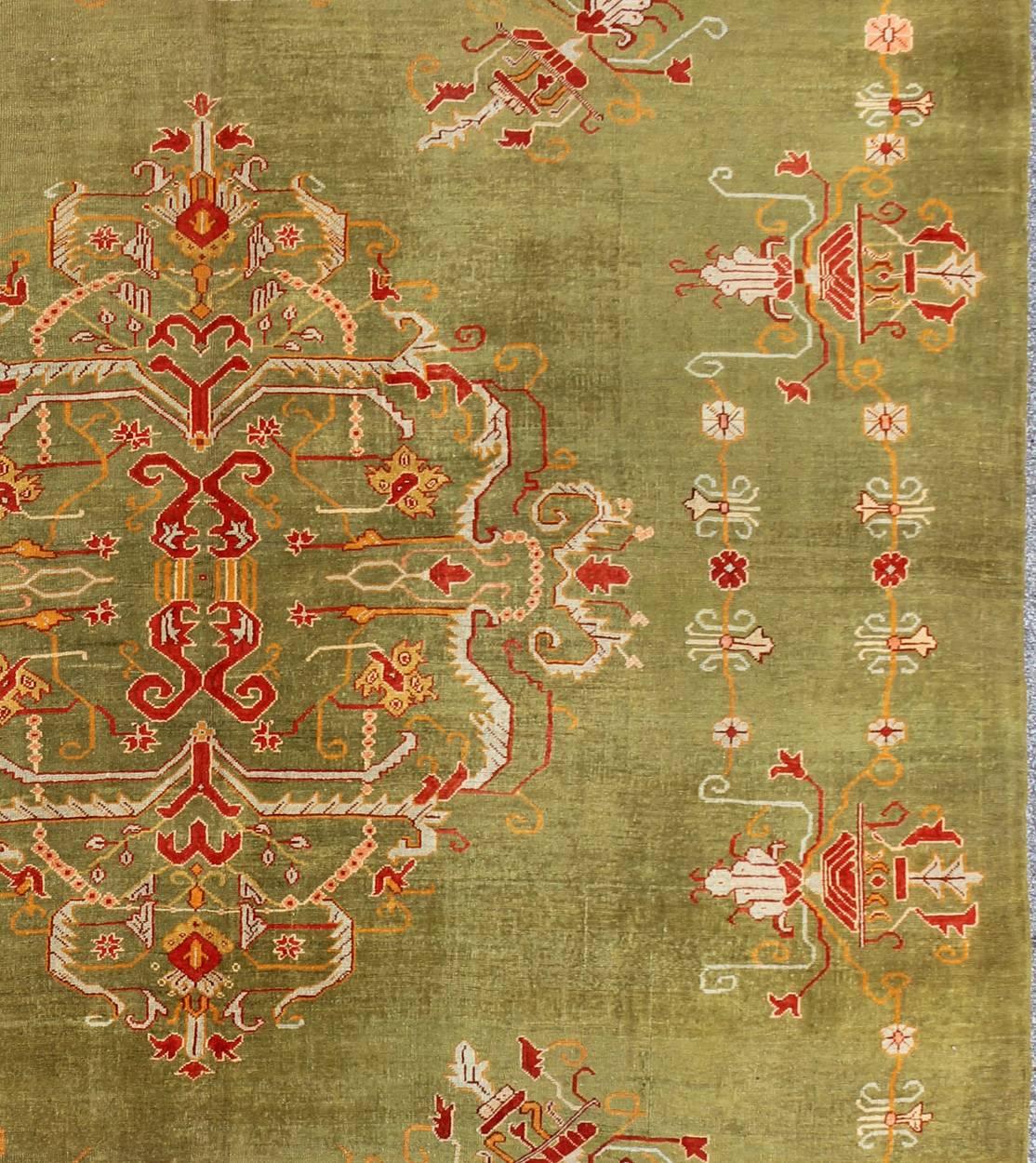 Antique Turkish Oushak Rug in Green Field, Red, Orange & Rich Colorful Accent In Good Condition For Sale In Atlanta, GA