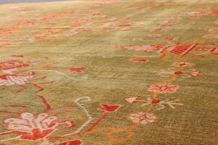 Antique Turkish Oushak Rug in Moss Green Field and Rich Colorful Accent