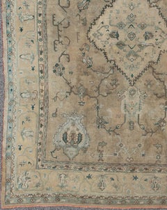 Neutral Antique Oushak Carpet in Shades of Teal, Green, Khaki, Taupe and Butter