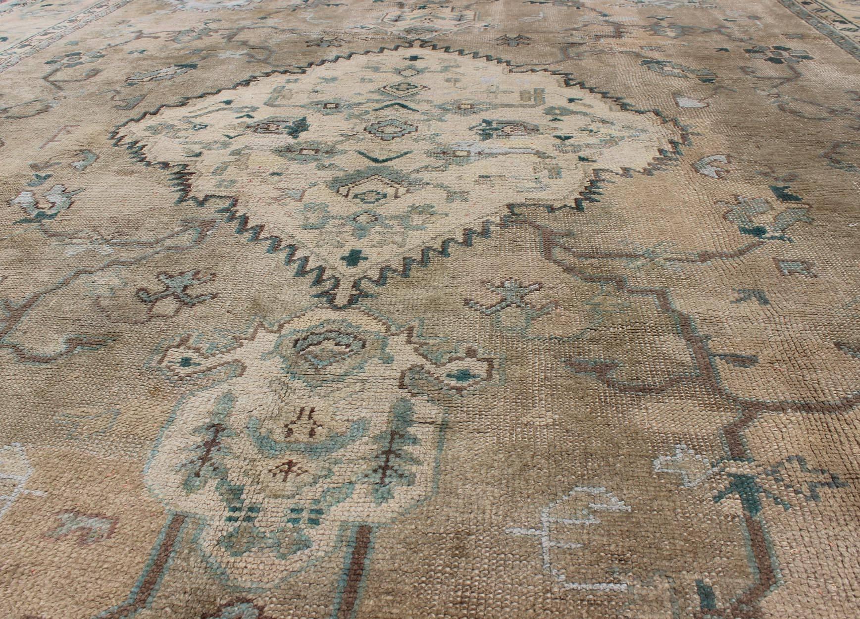 Turkish Neutral Antique Oushak Carpet in Shades of Teal, Green, Khaki, Taupe and Butter For Sale