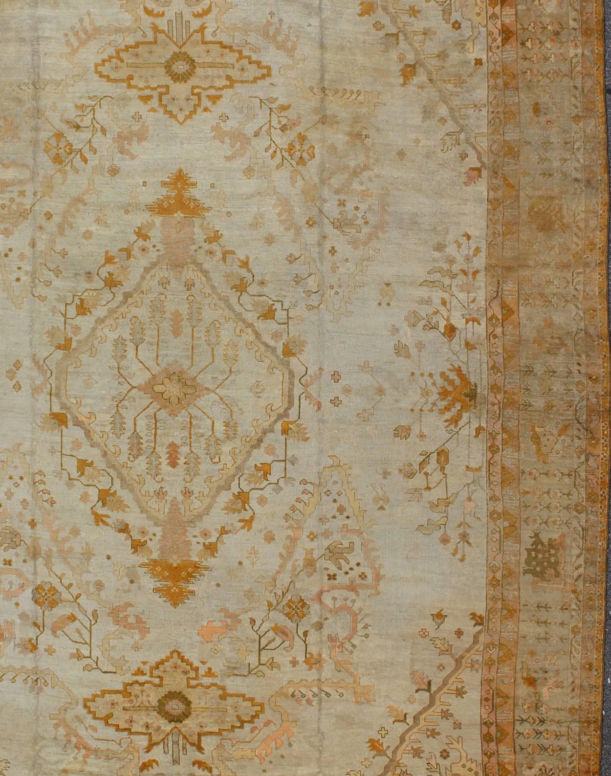 19th Century Very Large Antique Turkish Oushak Carpet in Cream, Gold, Green, Orange and Ivory For Sale