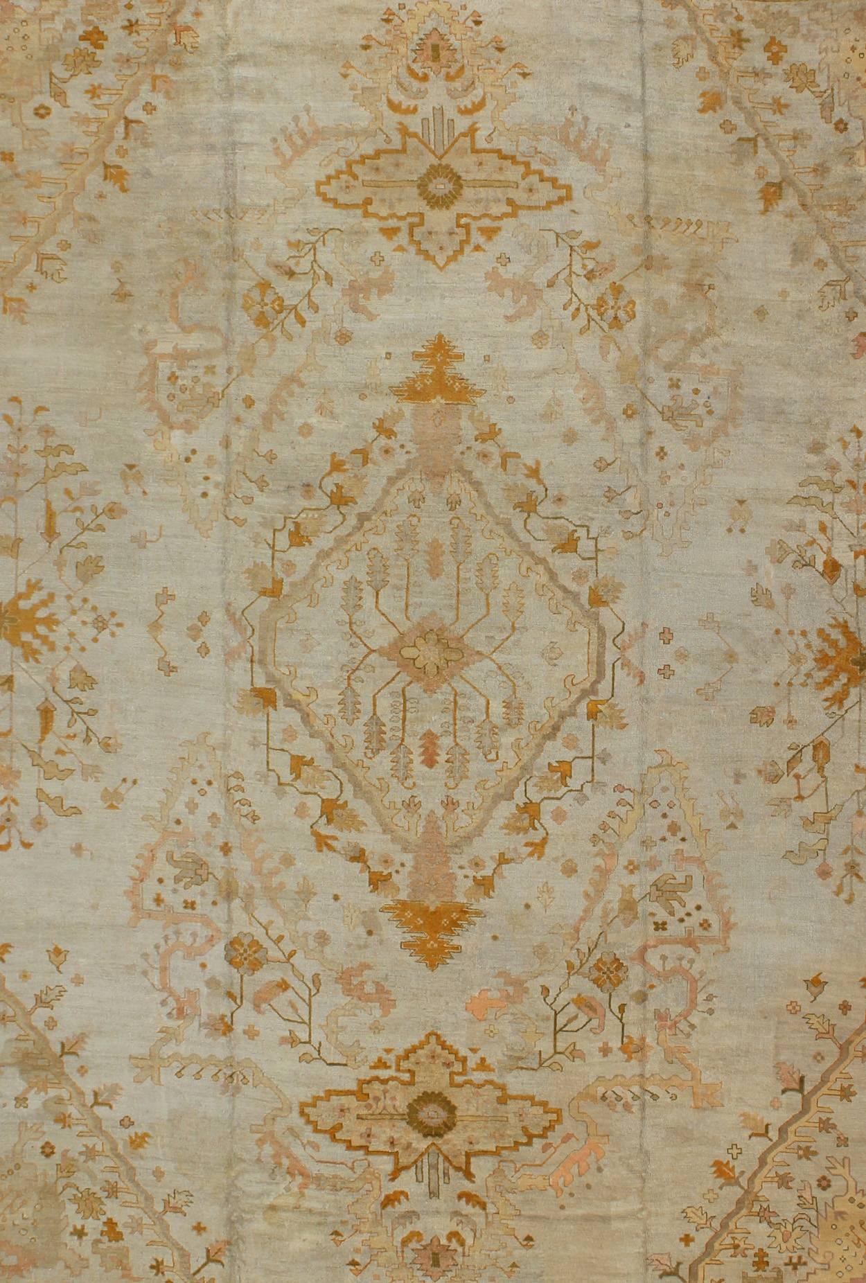 Very Large Antique Turkish Oushak Carpet in Cream, Gold, Green, Orange and Ivory In Excellent Condition For Sale In Atlanta, GA