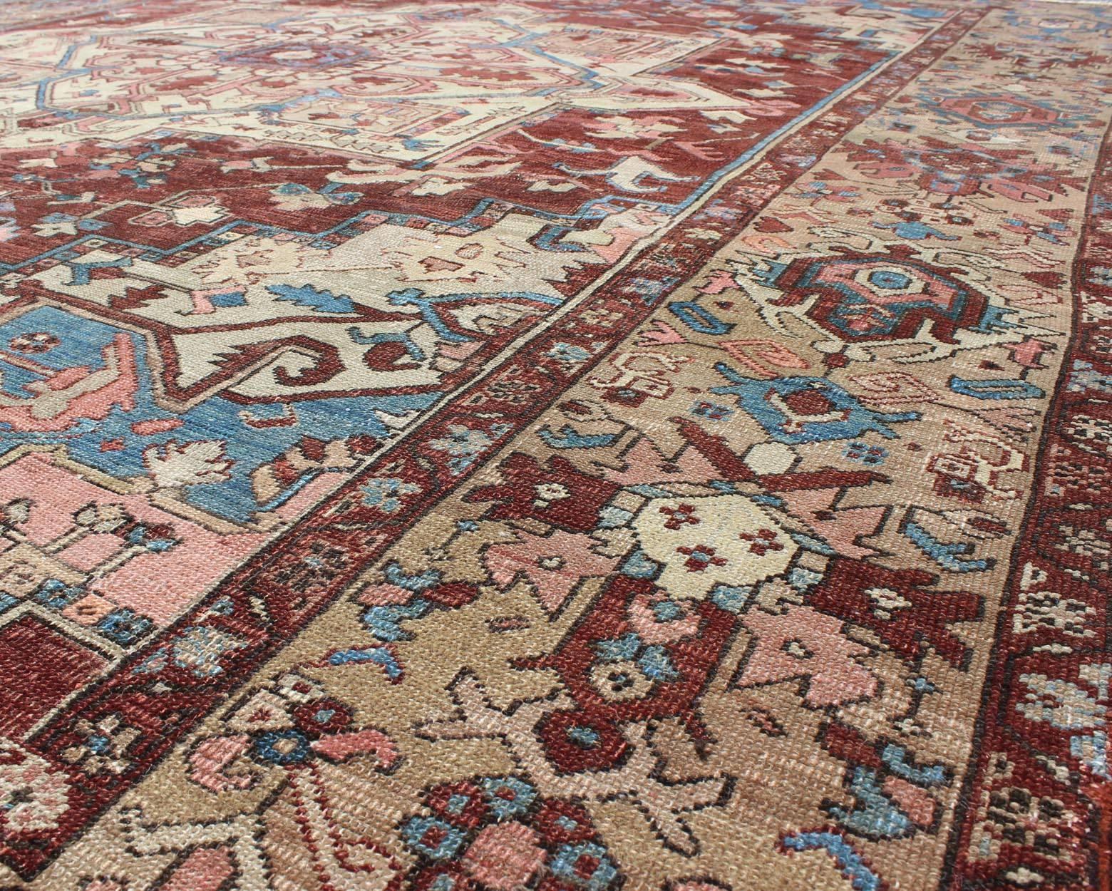 19th Century Antique Persian Serapi Carpet With Medallion In Reddish Brown Tan and Light Blue For Sale