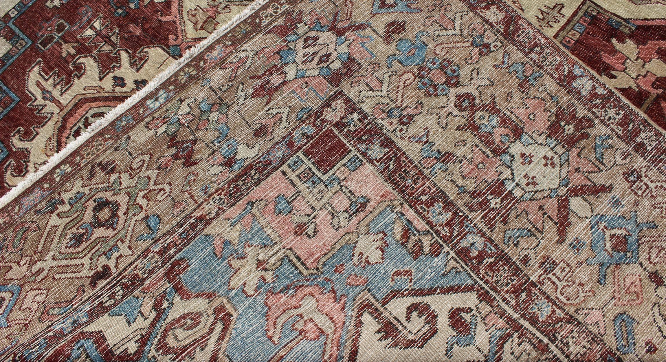 Antique Persian Serapi Carpet With Medallion In Reddish Brown Tan and Light Blue For Sale 1