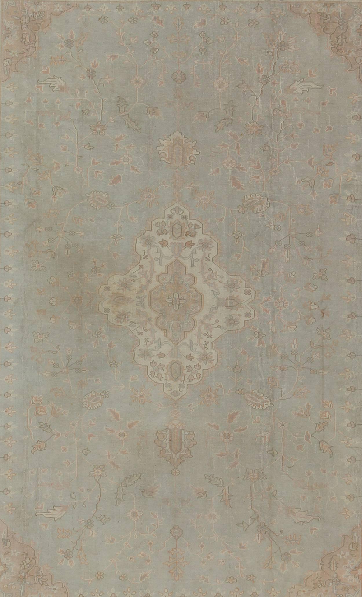 Turkish Antique Oushak Carpet in Pale Gray Blue, Taupe, Pink, Ivory and Light Salmon For Sale