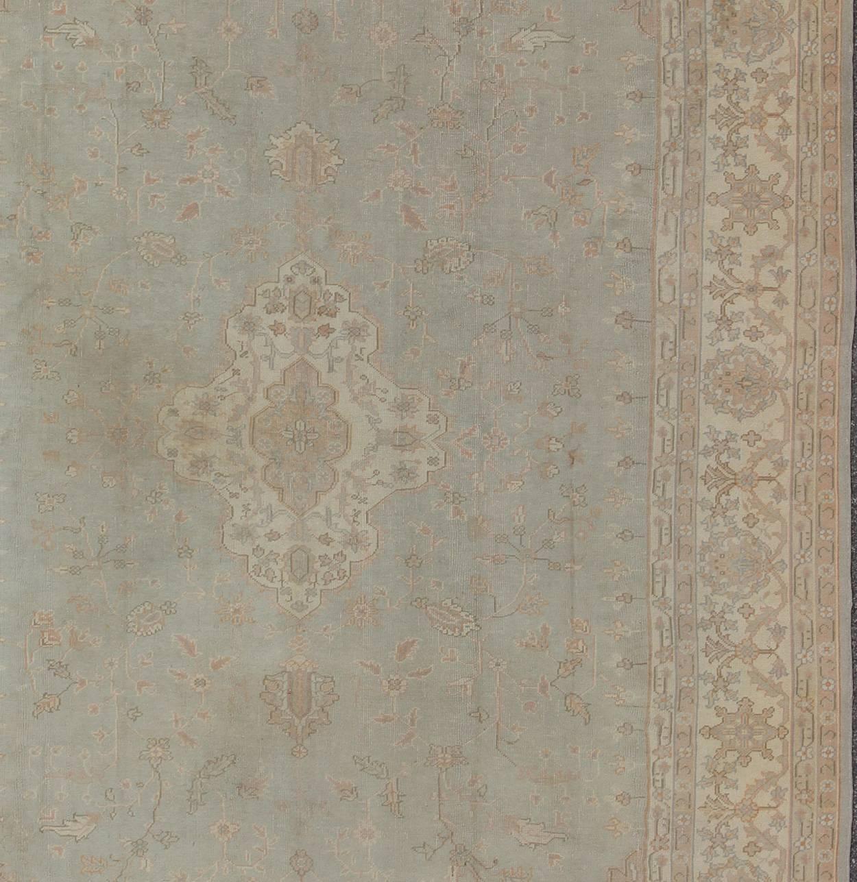 Hand-Knotted Antique Oushak Carpet in Pale Gray Blue, Taupe, Pink, Ivory and Light Salmon For Sale