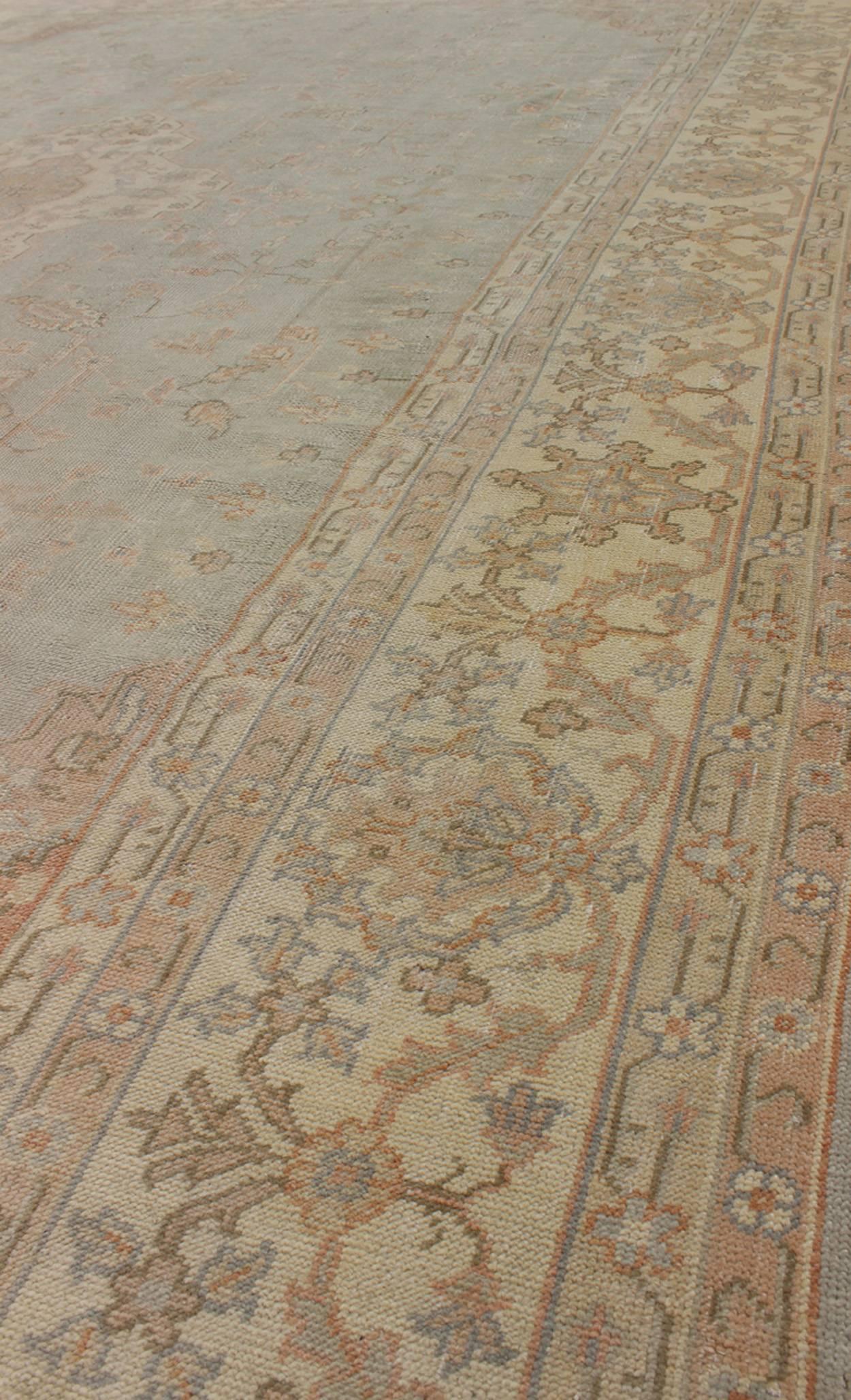 Antique Oushak Carpet in Pale Gray Blue, Taupe, Pink, Ivory and Light Salmon In Good Condition For Sale In Atlanta, GA