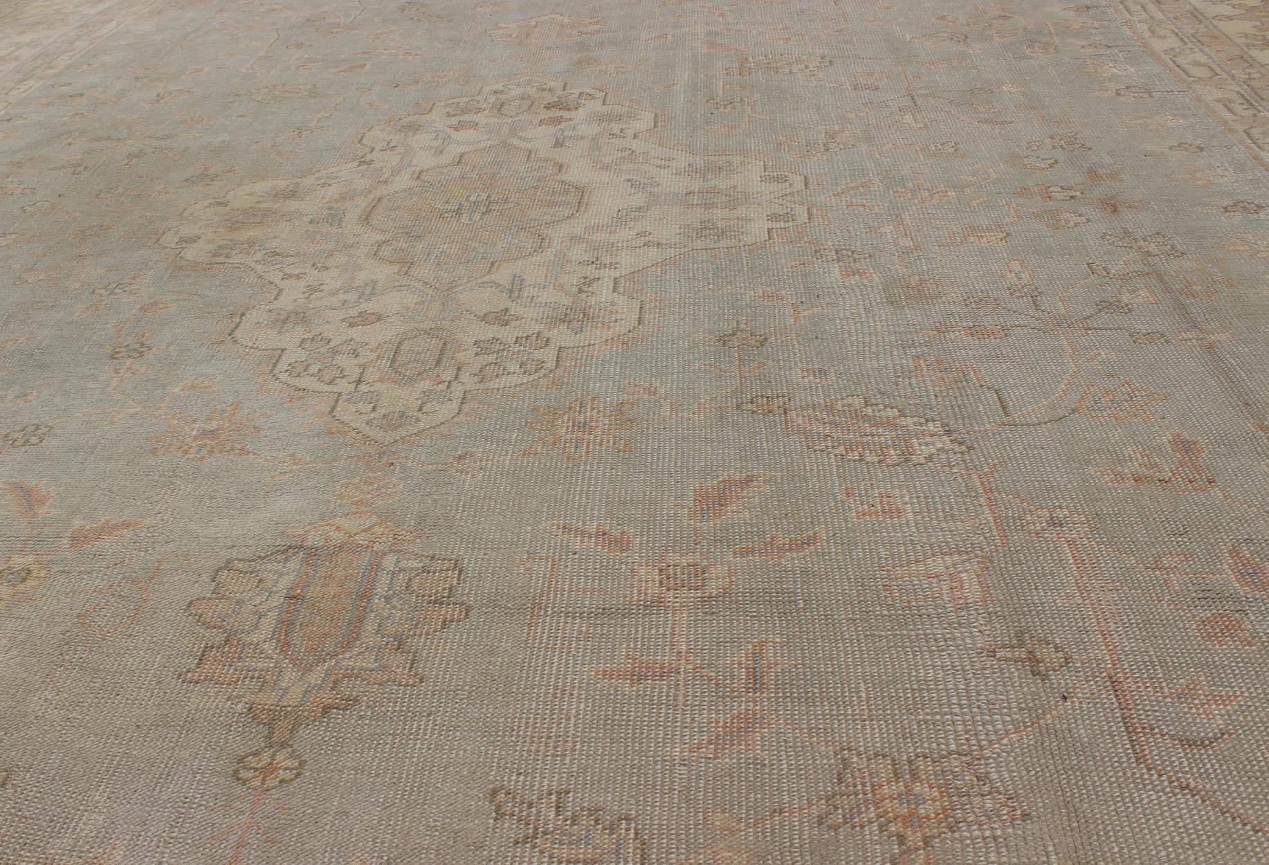 20th Century Antique Oushak Carpet in Pale Gray Blue, Taupe, Pink, Ivory and Light Salmon For Sale