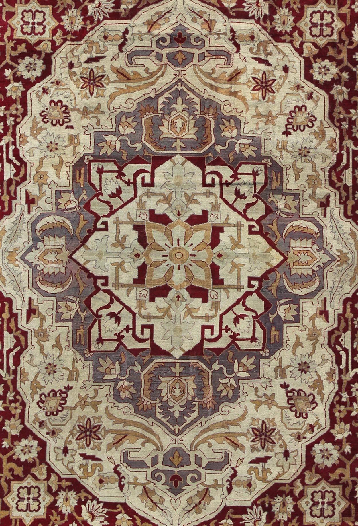 Hand-Knotted Antique 19th Century Indian Agra Carpet with a Floral Medallion Design For Sale