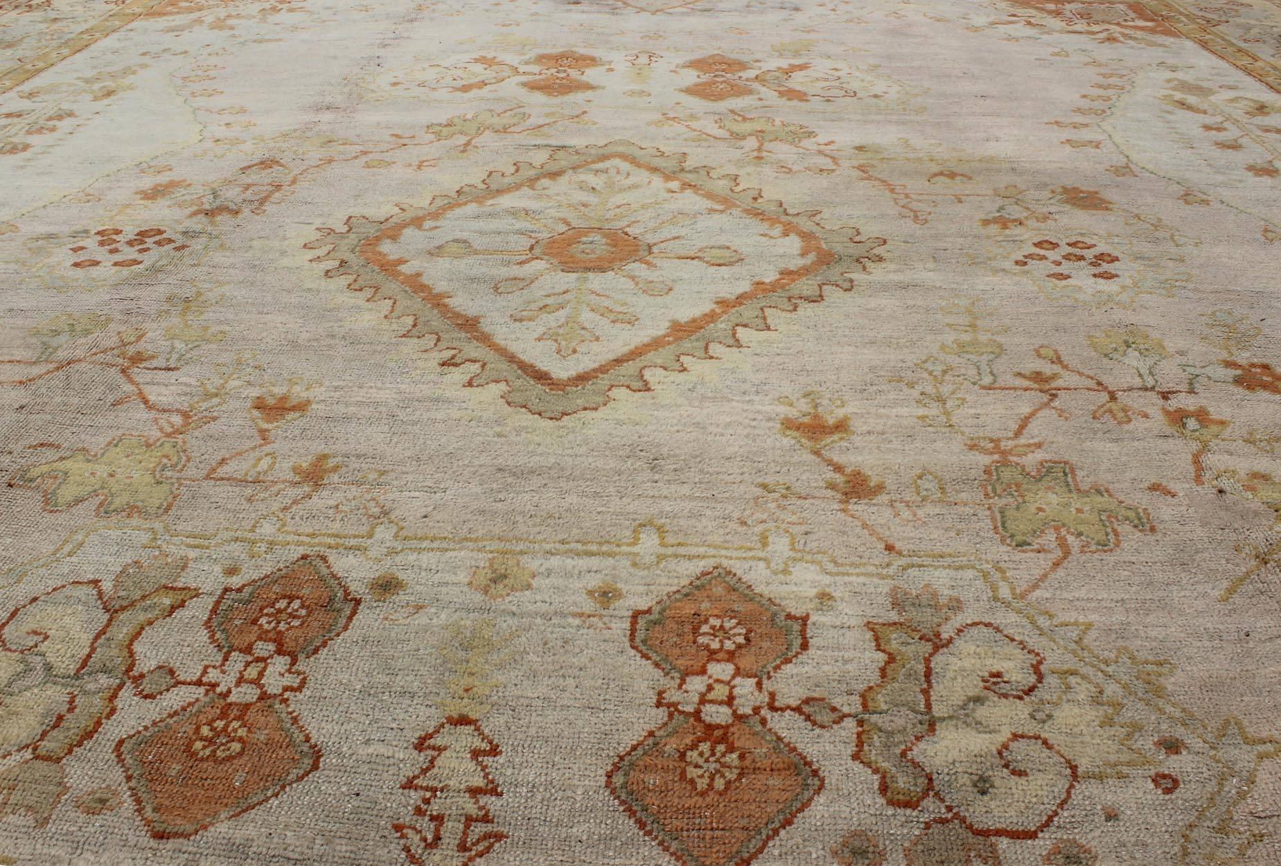 Antique Turkish Oushak Rug in green, Yellow, blush, apricot and light blue 2
