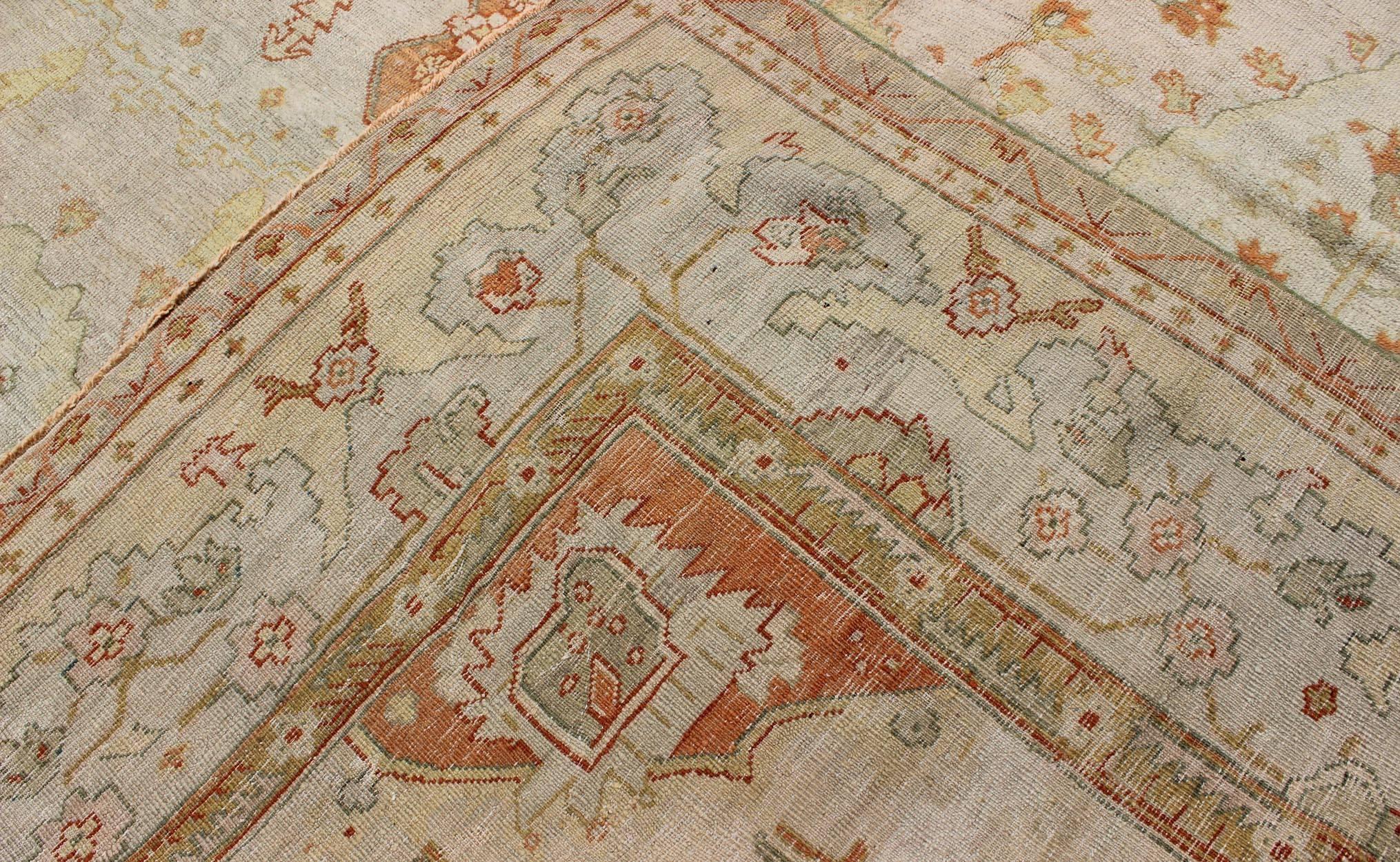 Antique Turkish Oushak Rug in green, Yellow, blush, apricot and light blue 3
