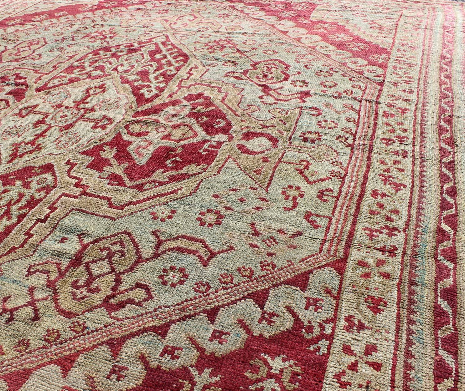Antique Turkish Ghiordes 19th Century Rug in Raspberry Red, Ice Blue & L. Green In Good Condition For Sale In Atlanta, GA