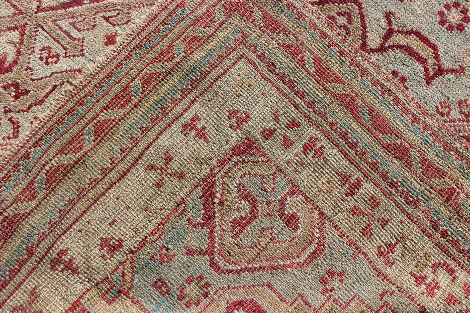 Antique Turkish Ghiordes 19th Century Rug in Raspberry Red, Ice Blue & L. Green For Sale 1