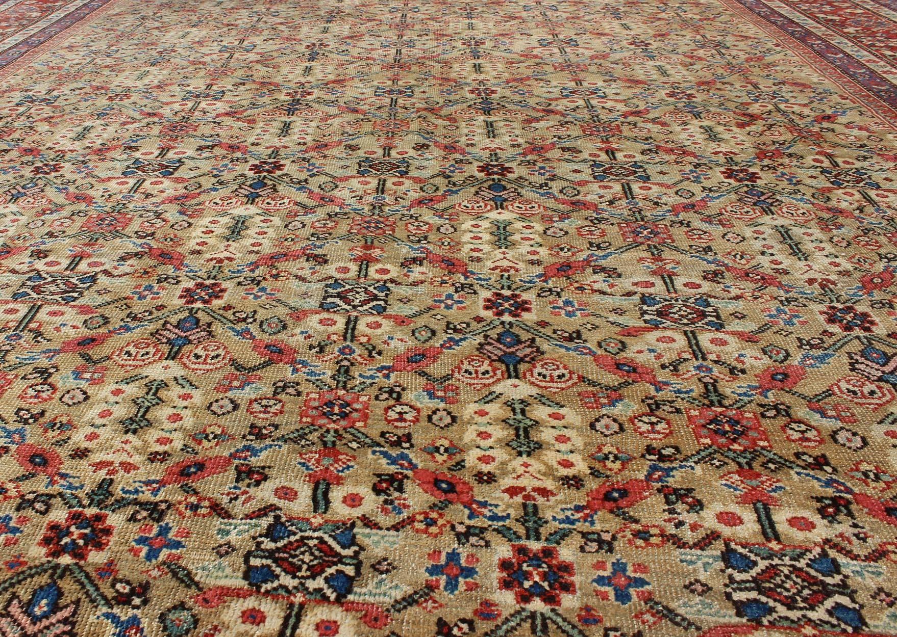 Wool Antique Persian Sultanabad Carpet with All Over Geometrics in Yellow Background For Sale
