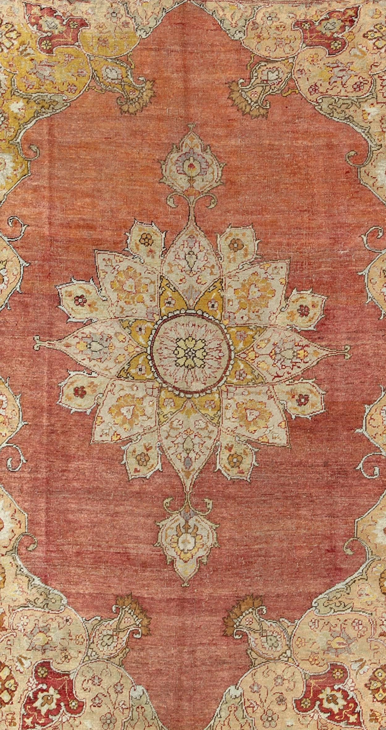 Turkish Antique Oushak Medallion Rug in Rose, Pale Green, Light Blue, Gold and Brown  For Sale