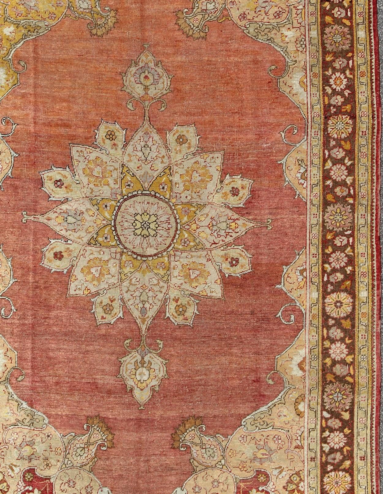 Antique Oushak Medallion Rug in Rose, Pale Green, Light Blue, Gold and Brown In Good Condition For Sale In Atlanta, GA