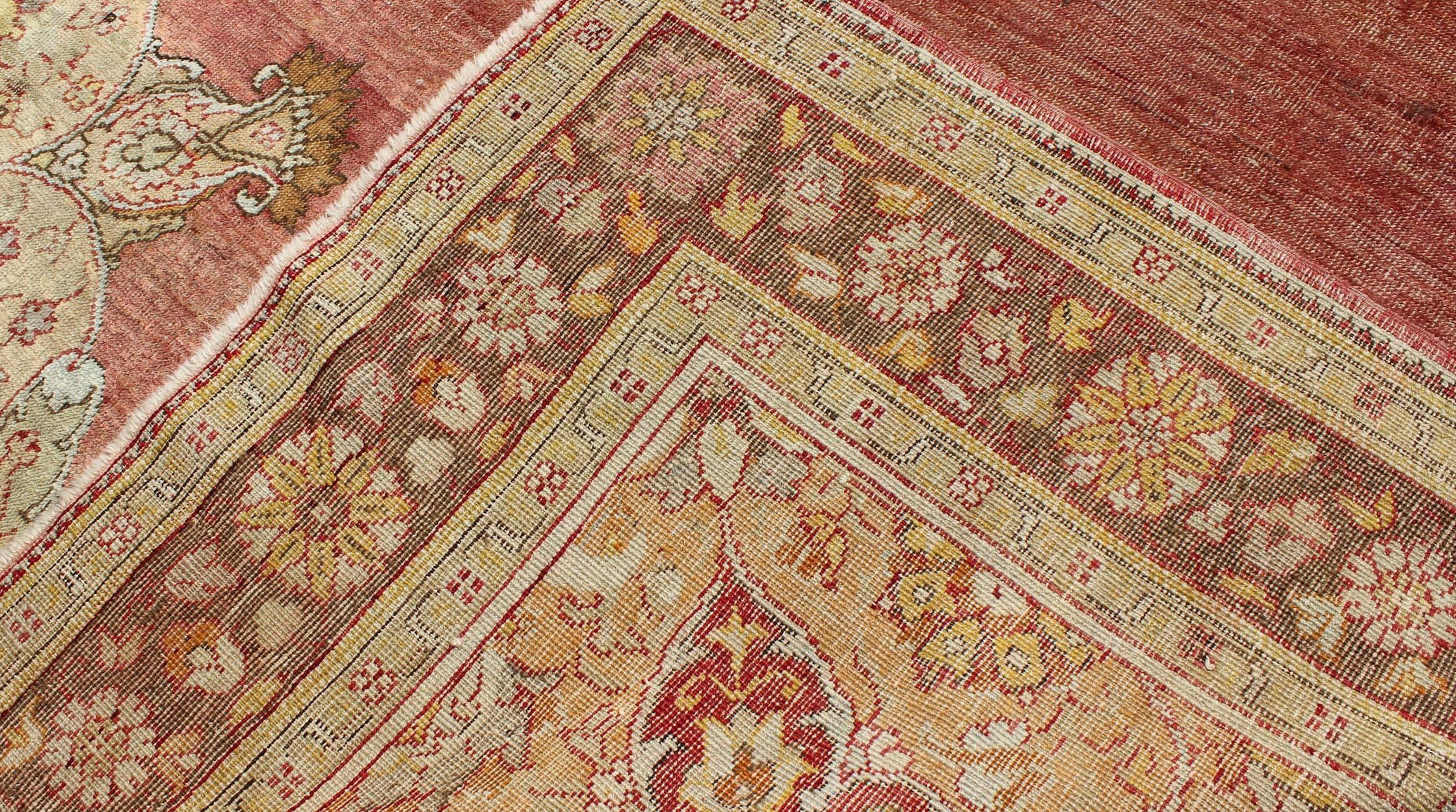 Antique Oushak Medallion Rug in Rose, Pale Green, Light Blue, Gold and Brown  For Sale 1