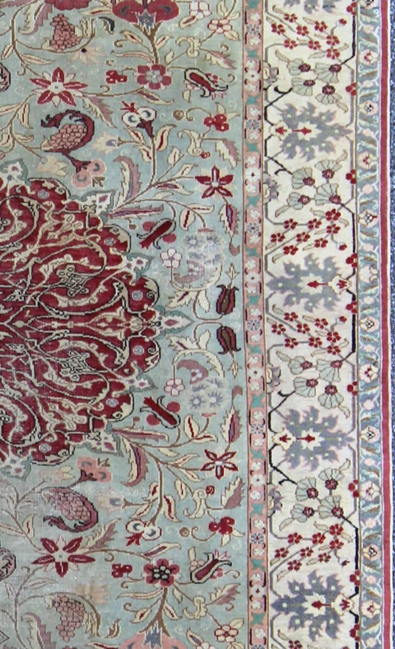 Fine Vintage Turkish Sivas Carpet with Floral Design in Light green Background 1