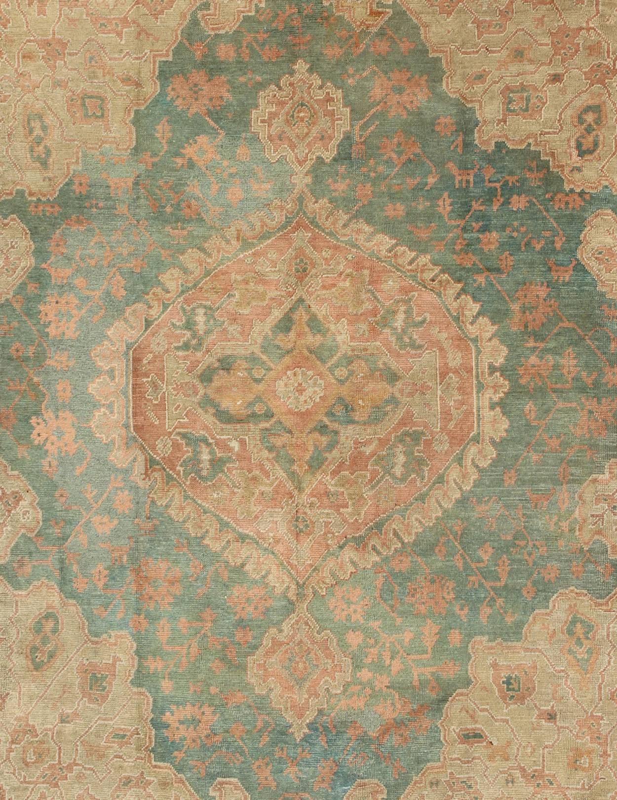 Hand-Knotted Antique Turkish Medallion Oushak Rug in Teal Green, Rose and Buttery Colors