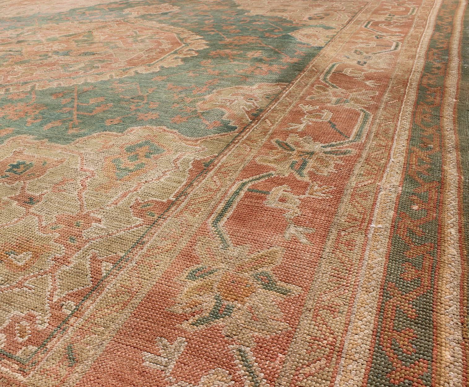 19th Century Antique Turkish Medallion Oushak Rug in Teal Green, Rose and Buttery Colors