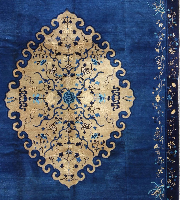 Antique Chinese Peking Rug in Royal Blue and Gold For Sale at 1stdibs