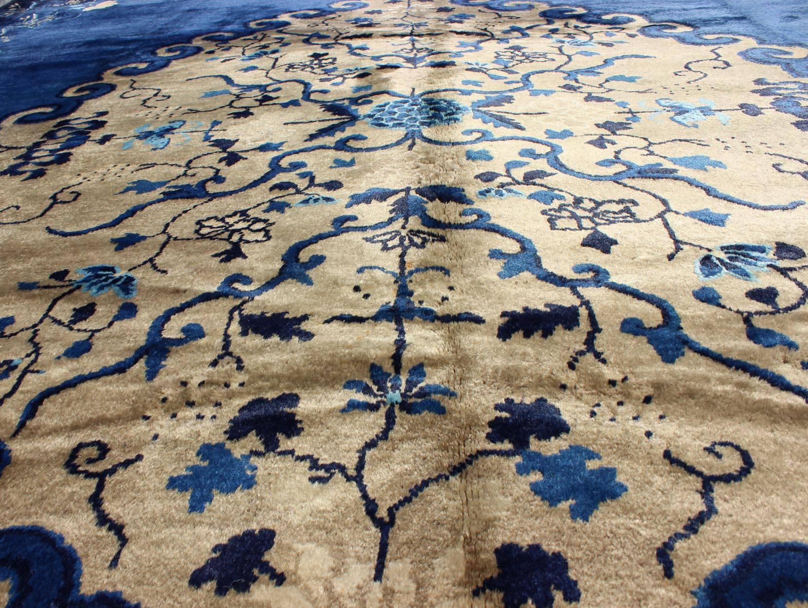 Chinese Export Antique Chinese Peking Rug in Royal Blue and Golden Camel Medallion For Sale