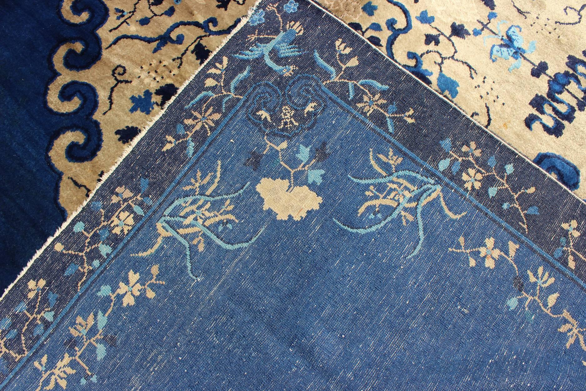 Antique Chinese Peking Rug in Royal Blue and Golden Camel Medallion In Excellent Condition For Sale In Atlanta, GA