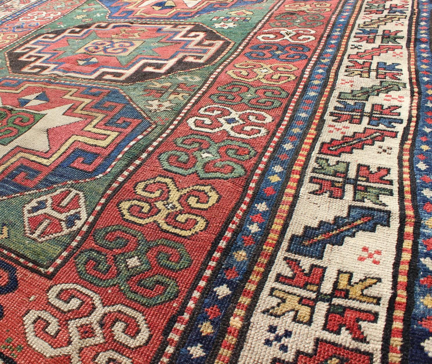 Large Antique 19th Century Southeast Caucasian Bordjalou Kazak Rug in Green, Red In Good Condition In Atlanta, GA