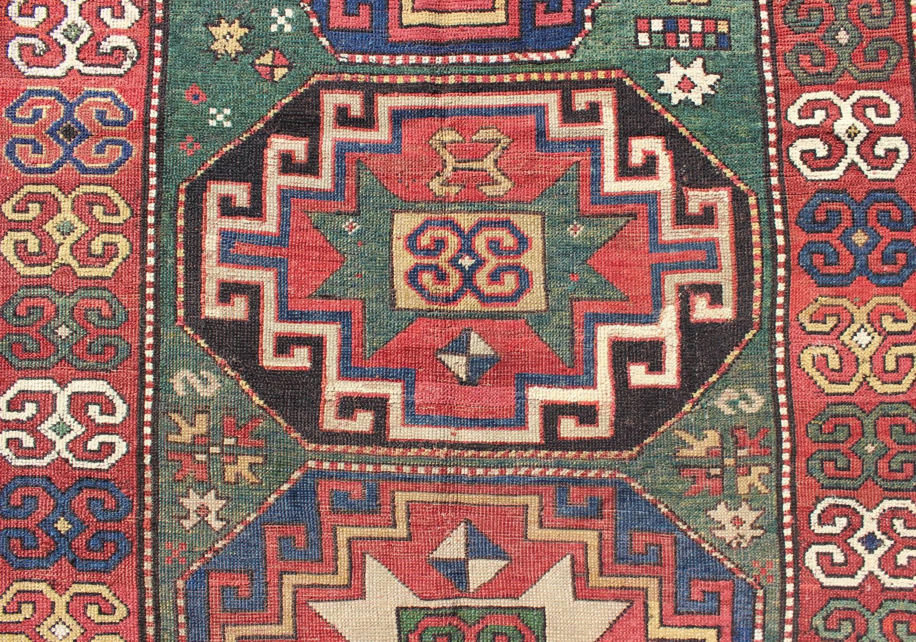 Wool Large Antique 19th Century Southeast Caucasian Bordjalou Kazak Rug in Green, Red