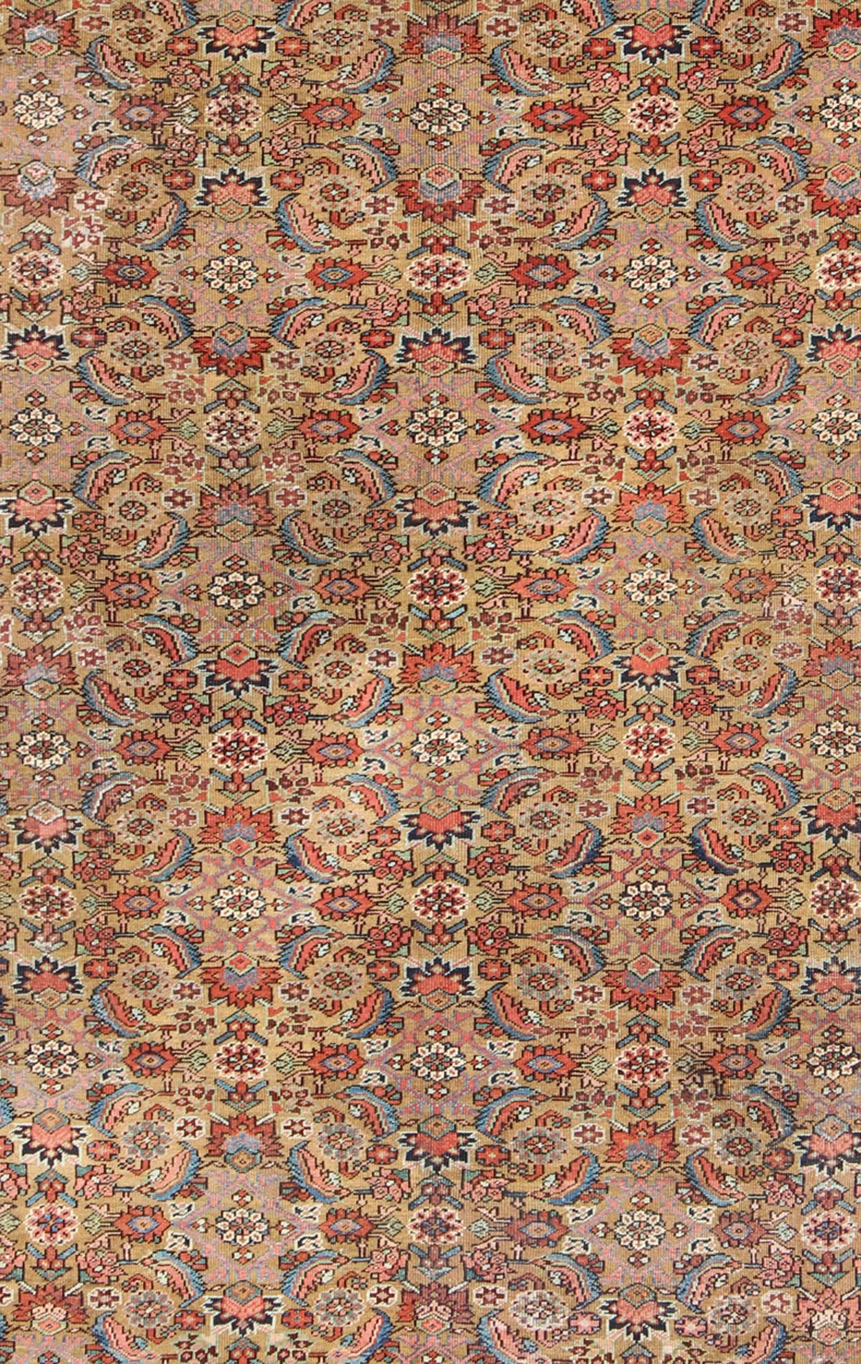 Heriz Serapi Antique Persian Bakhshaish Carpet with All Over Herati Design in Gold and Blue