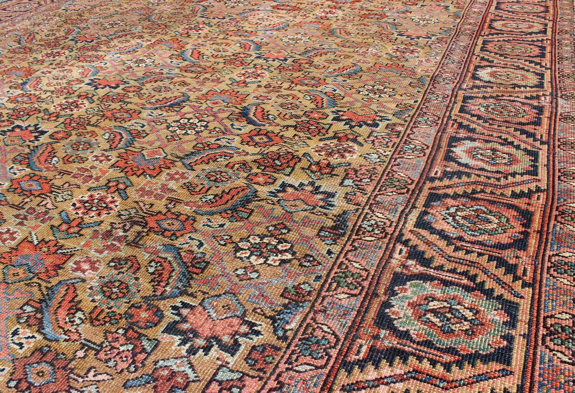 Antique Persian Bakhshaish Carpet with All Over Herati Design in Gold and Blue In Good Condition In Atlanta, GA