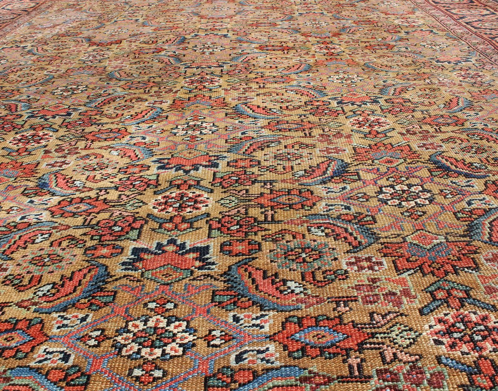 19th Century Antique Persian Bakhshaish Carpet with All Over Herati Design in Gold and Blue