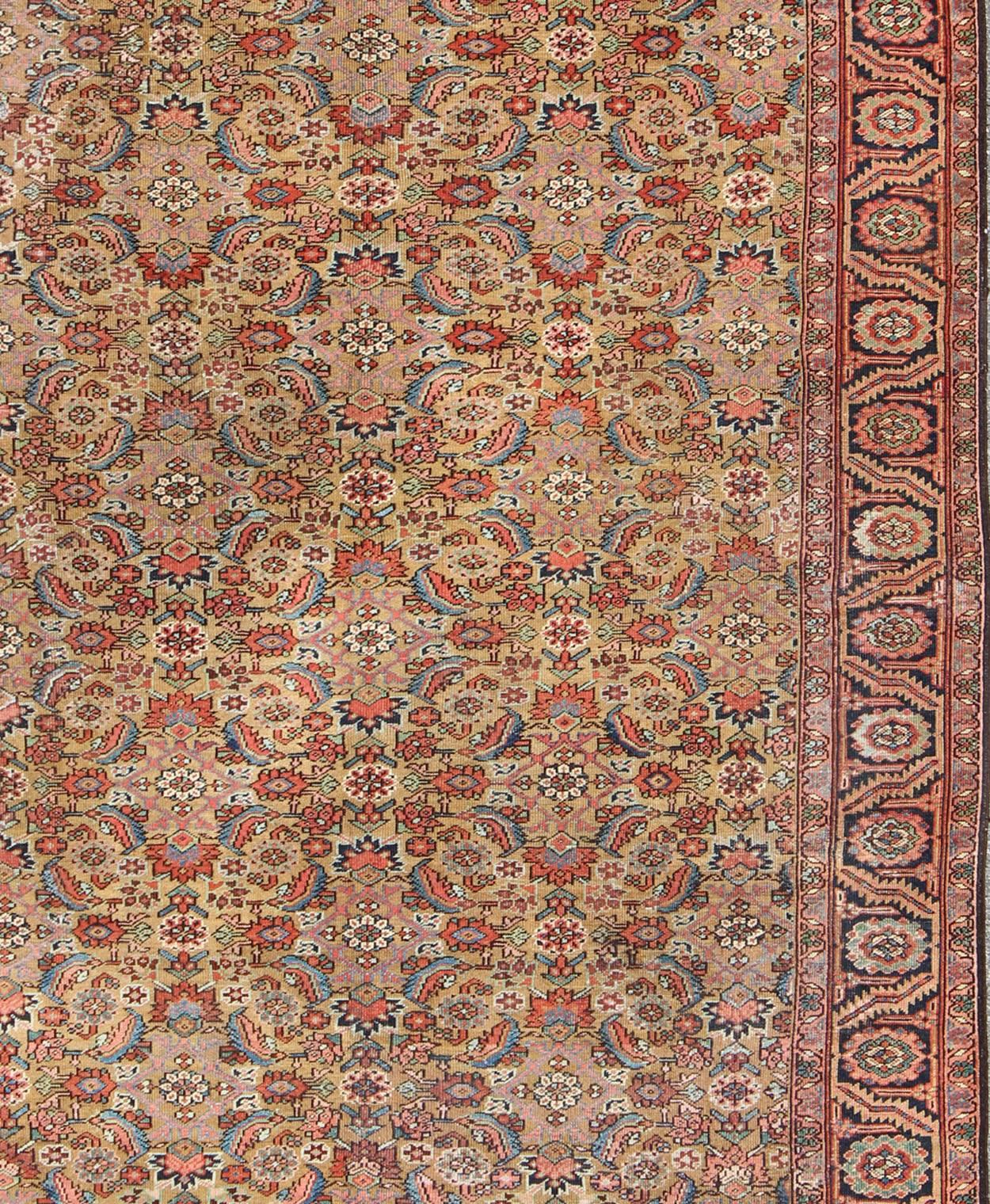 Hand-Knotted Antique Persian Bakhshaish Carpet with All Over Herati Design in Gold and Blue
