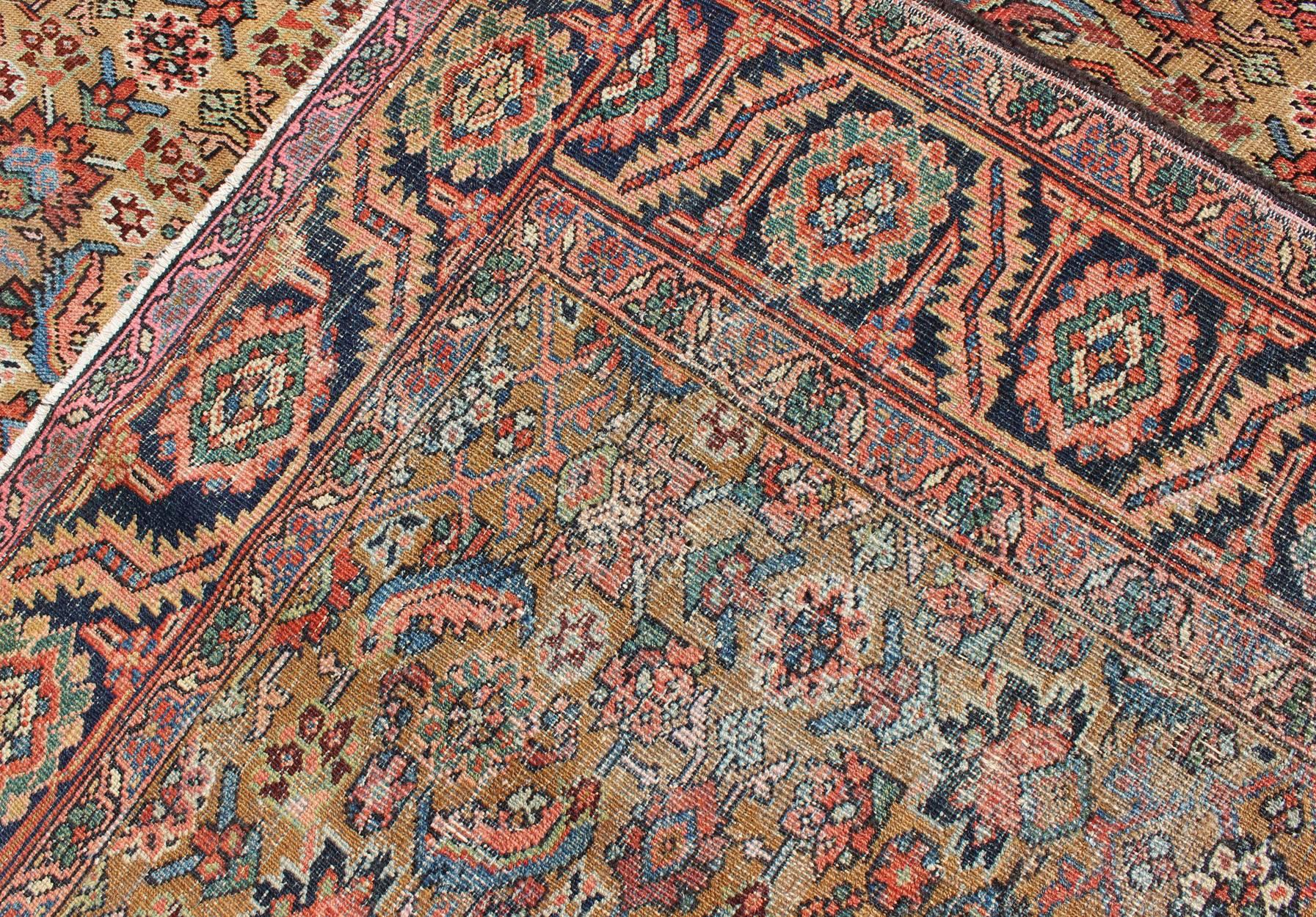 Wool Antique Persian Bakhshaish Carpet with All Over Herati Design in Gold and Blue