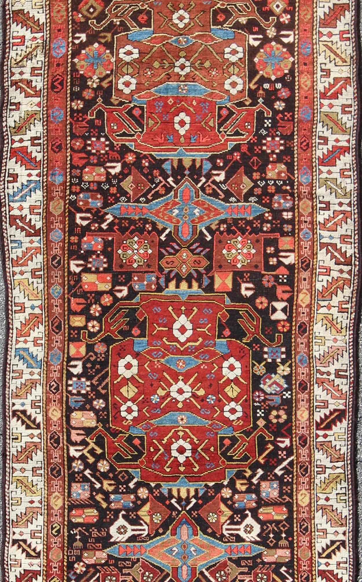 Russian Antique Caucasian Karabagh Runner With Geometric Medallions in Jewel Tones  For Sale