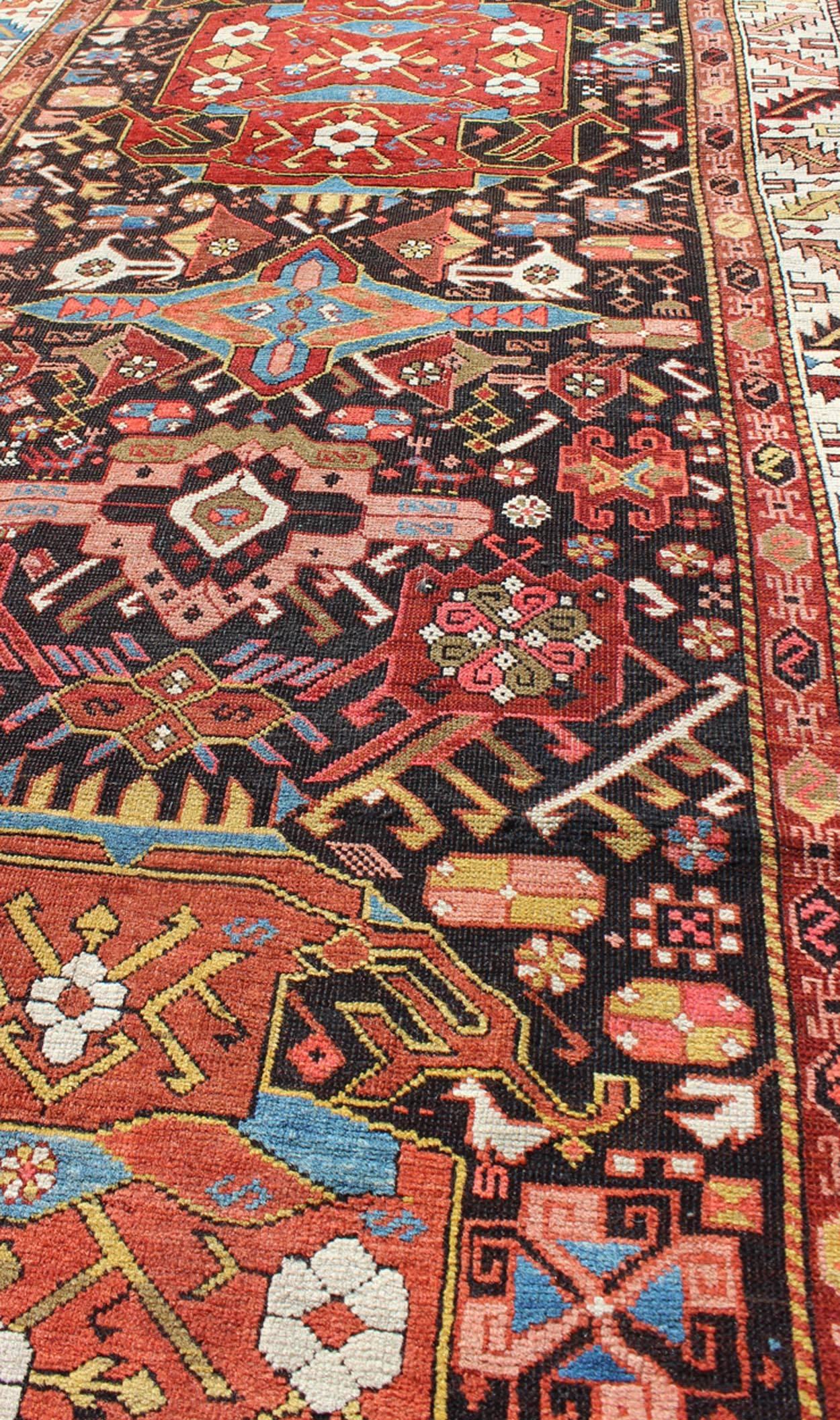 Hand-Knotted Antique Caucasian Karabagh Runner With Geometric Medallions in Jewel Tones  For Sale