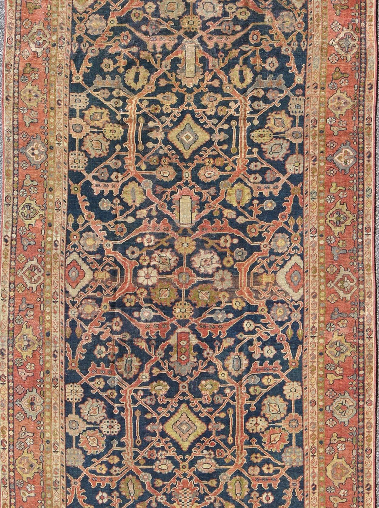Antique Persian Sultanabad Gallery Rug with All over Design in Blue Background In Good Condition For Sale In Atlanta, GA