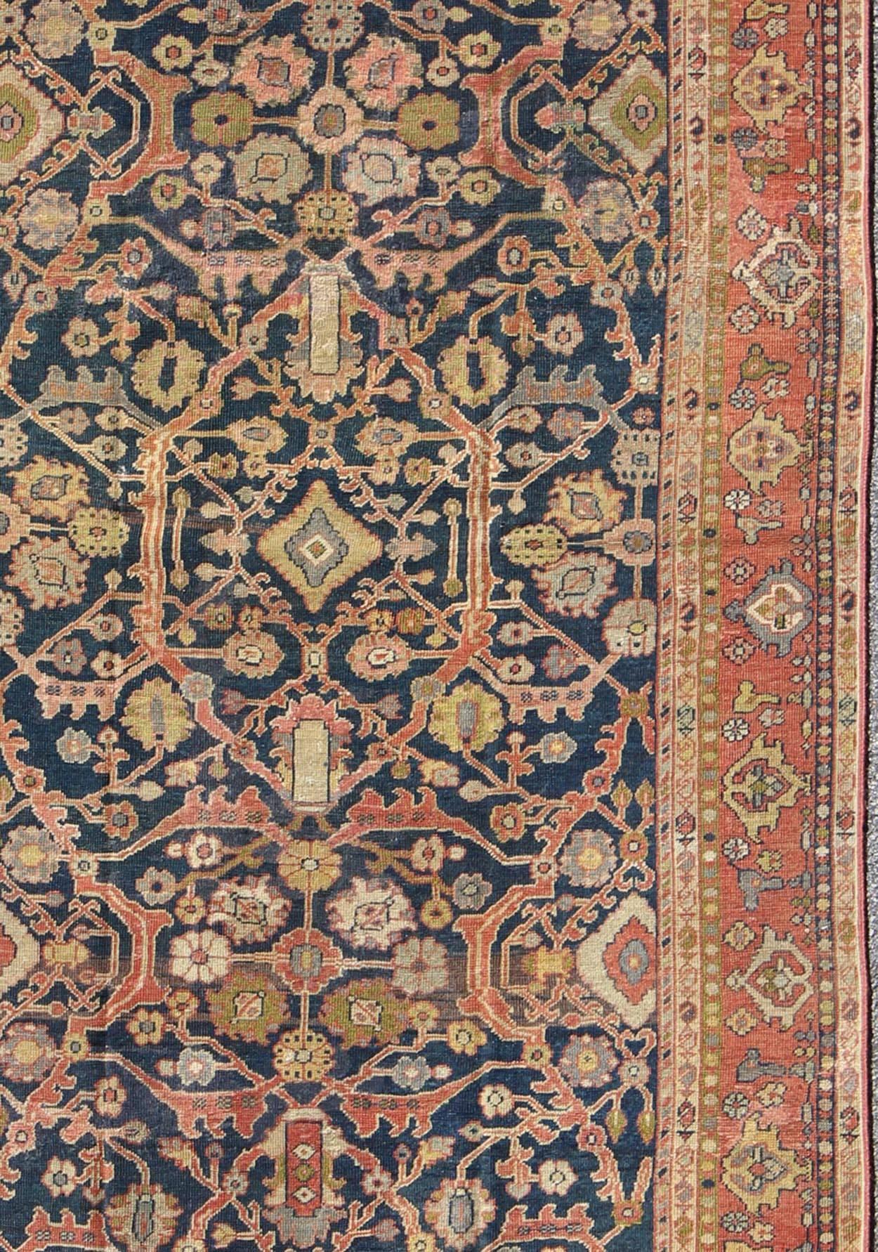 19th Century Antique Persian Sultanabad Gallery Rug with All over Design in Blue Background For Sale
