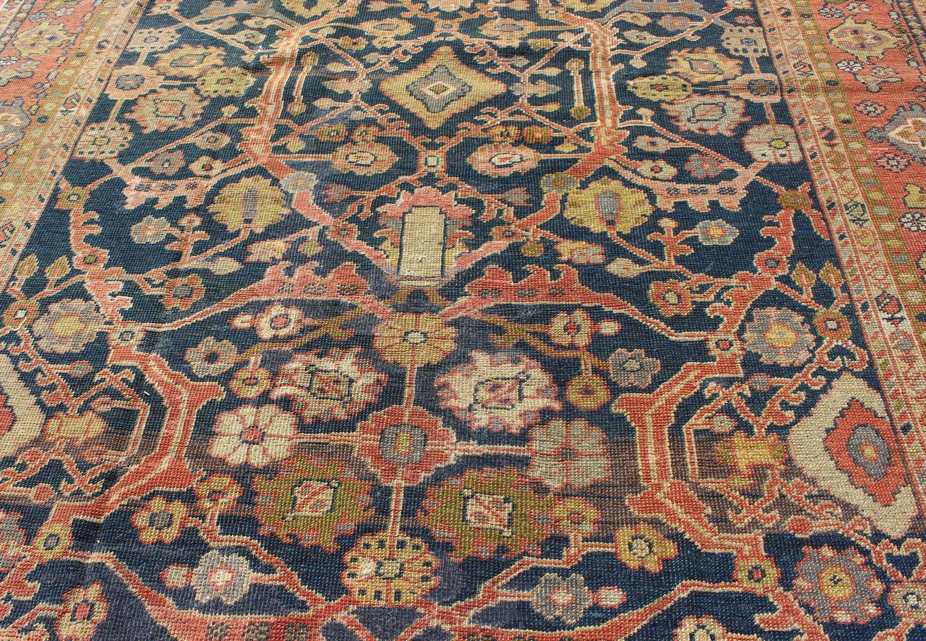 Antique Persian Sultanabad Gallery Rug with All over Design in Blue Background For Sale 1