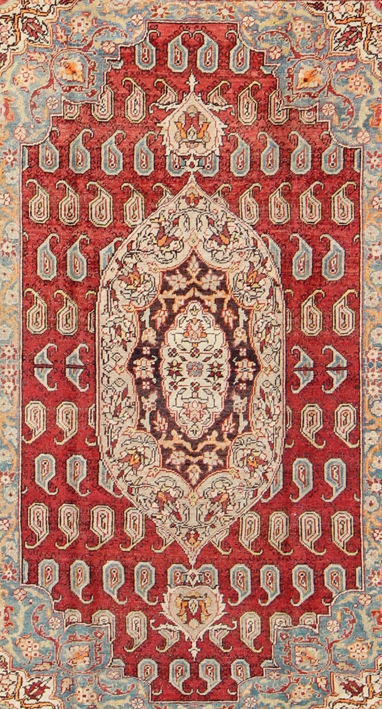 Antique Turkish Oushak Rug with Paisley Design in Red, Brown and Blue In Good Condition For Sale In Atlanta, GA
