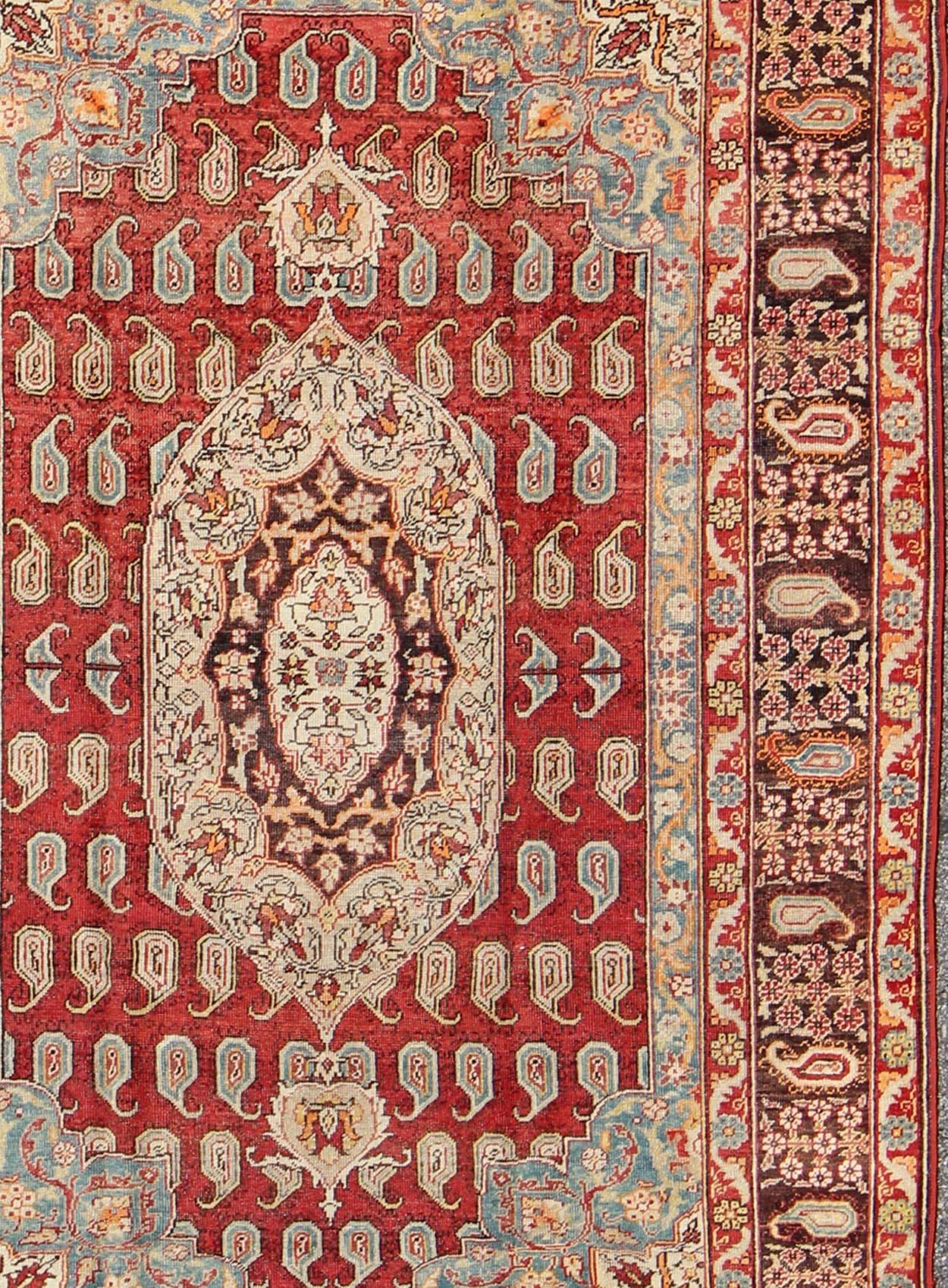 20th Century Antique Turkish Oushak Rug with Paisley Design in Red, Brown and Blue For Sale